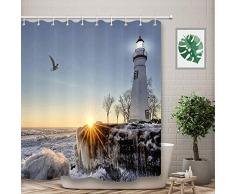 NYMB Duschvorhang, Stoff Duschkanten für das Badezimmer, wasserdichtes Badezimmer-Zubehör mit 12 Haken, 177,8 x 177,8 cm 69W by 70L Lighthouse