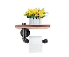 Missingift WC-Papier Roller Halter Retro Wand montiert Holz Ablage Eisen Rohr Gewebe Rolle Kleiderbügel mit Holz Regal