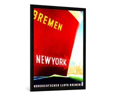Gerahmtes Bild von German School New York, Poster Advertising The North German Lloyd Line, 1930, Kunstdruck im hochwertigen handgefertigten Bilder-Rahmen, 70x100 cm, Schwarz matt