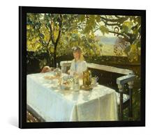 Gerahmtes Bild von Anna Kristine Ancher Frühstück im Garten, Kunstdruck im hochwertigen handgefertigten Bilder-Rahmen, 70x50 cm, Schwarz matt