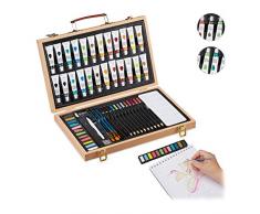 Relaxdays Malkoffer, 56-tlg. Malset Holz, Zeichenset mit Radierer, Spitzer, Bunt- & Bleistiften, Aquarellfarben, natur