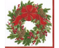 Caspari Evergreen Wreath Servietten Cocktail Stoff/Papier, Mehrfarbig, Stoff, Mehrfarbig, 16.5x16.5x0.02 cm