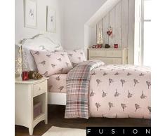Fusion Scandi Christmas Robin Bettbezug und Kissenbezug, 100% gebürsteter Baumwollflanell, Rose, Einzelbett