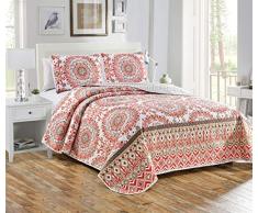 Luxury Home Collection Übergroße Gesteppte wendbare Tagesdecke Set Medaillon Blumenmuster Twin/Twin XL Korallenrot