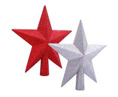 Elcoho 2 Stück Glitzer Stern Christbaumspitze bruchsicher glitzernd Weihnachtsbaum Baumspitze für Weihnachtsbaum-Dekoration, 2 Farben 8 Inches Rot/silberfarben