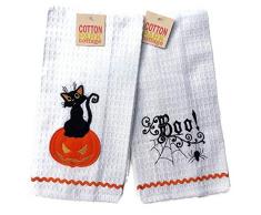 Lintex Home Geschirrtuch mit schwarzer Katze, Kürbis und Spinnennetz, klassisches Halloween-Waffelgewebe, Bestickt, Baumwolle, 2 Stück