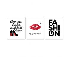 Fashion Wall Art Leinwanddruck – Lips Heels Teenager Mädchen Raumdekoration Sexy Frauen Schuhe Make-up Poster Zitate und Sprüche Home Decor Bilder für Wohnzimmer Schlafzimmer Set von 3 ungerahmten Geschenken 20,3 x 25,4 cm