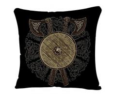 YGGQF Überwurf-Kissenbezug, Motiv: Odin Wikinger-Stil, gekreuzte Schlachtaxten und Schild mit skandinavischen Runen, antiker Kissenbezug für Couch Sofa, Bett, Stuhl, 45,7 x 45,7 cm