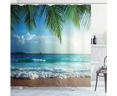 Ambesonne Ocean Duschvorhang, Palmen Tropische Insel Strand Meereswellen Hawaiian Nautische Marine Stoff Stoff Badezimmer Decor Set mit Haken, 75 lang, blau grün türkis