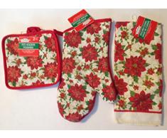 Weihnachtsstern Geschirr-Set mit 2 Geschirrtüchern, 2 Topflappen und 1 Ofenhandschuh.