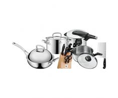 WMF Topf-Set 6-teilig Fleischtopf Wok GlasdeckeSchnellkochtopf-Set Messerblock bestückt Chinesisches Hackmesser Trend Gourmet Hohlgriffe Schüttrand Glasdeckel Cromargan Edelstahl rostfrei poliert induktionsgeeignet spülmaschinengeeignet