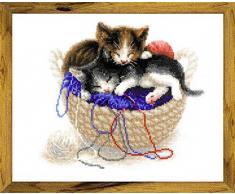 Riolis Kätzchen im Korb Kreuzstich-Set, Baumwolle, Mehrfarbig, 30 x 24 x 0.1 cm