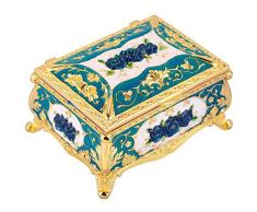 SUNYIK Schmuckkästchen für Damen, Vintage-Rosen-Blumen-Design, emailliert, rechteckig, zweilagig, dekoratives Sammlerstück Art Deco Gold/Blue Green/Blue Green