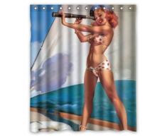 Sexy Pretty Bikini Navy Girl Watching The Teleskop – Vintage Retro Pin-Up Girls Badezimmer Dusche Vorhang Body Art Leinwand Malerei Stil Polyester-Wasserdicht-60 (W) X72 (H) inklusiv Ringe