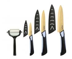Dailycious Messer-Set, Keramik, goldfarbene Titanium-Klinge, zweifarbiger Griff aus schwarzem ABS und grauem Silikon, 1 Chefmesser (15 cm), 1 Universalmesser (12,5 cm), 1 Gemüsemesser (7,5 cm), inkl. Gemüseschäler und Schutzhüllen