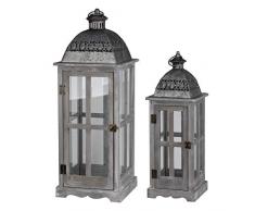 Benjara Laternen aus Holz und Metall mit Glasfenster, Grau, 2 Stück