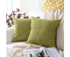 MERNETTE Dekorativer quadratischer Kissenbezug aus Baumwollleinen-Mischgewebe, Dekoration, für Sofa, Couch Bett, Stuhl 24x24 farngrün