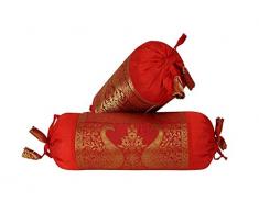 Real Online Seller Indische Polydupion zylindrische Röhrenkissen Nackenrolle Kissenbezüge Rot Jacquard Brokat Bordüre Pfau Große Couch Runde Zylinder Kissenbezüge (2er Set)