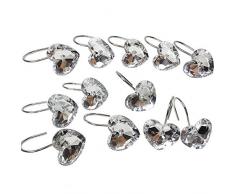 Chictie 12-Teiliges Set Kristall Klar Duschvorhang Haken Ringe für Badezimmer Deko Bling Poliert Chrom Strass Hanger-Rust Proof Art Deco Herz