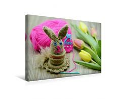 Premium Textil-Leinwand 45 x 30 cm Quer-Format Niedlicher Osterhase als Eierbecher mit Häkelgarn und Strauß Tulpen | Wandbild, HD-Bild auf Keilrahmen, Fertigbild auf hochwertigem Vlies, Leinwanddruck von Anja Frost