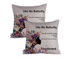 Queenie® – 2 PCS All About Schmetterling QUOTABLE Zitate Bedeutungsvolles Englisch Schreiben Dekokissen Kissenbezug Kissen Dicke Baumwolle Leinen Kissenbezug 45,7 x 45,7 cm 45 x 45 cm, baumwolle, Like the Butterfly Ii, temperory