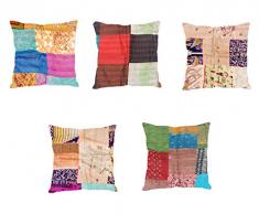 Indistar Set von 5 Überwurf Kissenbezug | Seide Patchwork Kissen mit Traditionelle Indische Kantha Arbeit | Dekorative Kissenbezüge, 16 x 16 inch-93100–502-iw-p5