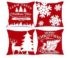 Aeney Kissenbezüge, weihnachtliches Design, 45,7 x 45,7 cm, 4 Stück, für Bauernhof, Weihnachtsdekoration, Büffelkaro, Weihnachtskissen, Weihnachtsdekoration, dekorativer Überwurf, Polyester-Mischgewebe, rot, 45,7 x 45,7 cm