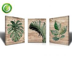 Wandbild auf Leinwand, Retro-gestreift, Holzstil, tropische grüne Blätter, geeignet für Wohnzimmer, Küche, Schlafzimmer, frisches Fan-Blätter, Wandbild Retro 12X16inX3 Der Bauernhof Blatt der Krümmung der