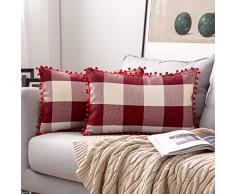 MIULEE 2er Set Retro Farmhouse Buffalo Plaid Karo Kissenbezug mit Pompons Dekorative Überwurf-Kissenbezüge für Sofa Couch 12x20 rot/weiß
