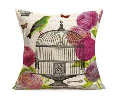 YANGYULU Dekorativer Vintage-Kissenbezug aus Baumwollleinen, Blumenmuster, Landhaus-Kissenbezug, Teekanne, Becher, Schriftzug, für Sofa, Schlafzimmer, Auto, 45,7 x 45,7 cm Birdcage