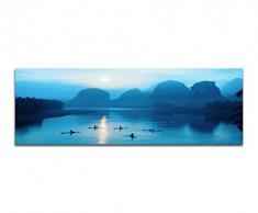 Panoramabild auf Leinwand und Keilrahmen 150x50cm China Wasser Felsen Boote Sonnenaufgang