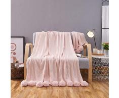 Choix Strickdecke aus 100% Baumwolle mit Kugelverzierungen aus Wolle weich und bequem, geeignet für Bett oder Sofa, Dekorative Decke, Reine Baumwolle 59x79 Rose