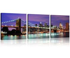 qicai Wandbild Gemälde Schöne Stadtbild New York City Skyline schwarz & weiß Prints auf Leinwand New York Leinwand Schwarz und Weiß das Bild NYC City Bilder Öl Gemälde für Home Decor, 3 Stück/Set, New York Brooklyn Bridge at Night, 12x12inchx3