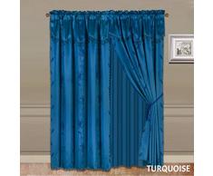 Sapphire Home Vorhang-Set, 2-teilig, 30,5 x 213,4 cm, mit Volant und durchscheinender Rückseite, 2 Quasten, Kunstseide, glänzende Vorhänge mit Stangentaschen, Blatt-Blumenmuster Türkis