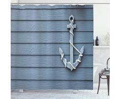 Maritimes Dekor Vorhang für die Dusche von ambesonne, Anker mit Marine Seil auf Holz Hintergrund Sea Ocean Life Coast Cruise Thema, Stoff Badezimmer Dekor Set mit Haken, 190,5 cm lang, blau grau