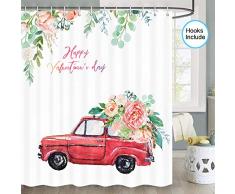JAWO Valentinstag Duschvorhang Happy Valentinstag mit Natur Blume und Rot Auto Bad Duschvorhang Set Stoff Duschvorhang Haken enthalten 70 Zoll