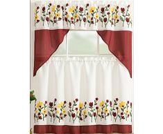 All American Collection modernes 3-teiliges Spring Flowers Küche Vorhang Set mit Swag Querbehang, Polyester-Mischgewebe, SPRING FLOWERS BURGUNDY, 60x36/30x36