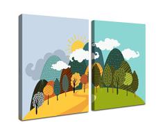 Gardenia Art – Leinwand Wandkunst für Wohnzimmer, Büro, Bar, Zubehör und Dekoration, gespannt und gerahmt Modern 12 x 16 Inch Cartoon Mountians and Forests