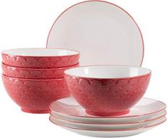MÄSER 931582 Serie Telde, Müslischalen und Frühstücksteller Set für 4 Personen in Gastronomiequalität, Schalen mit hübscher Relief-Oberfläche, Durable Porzellan, Rot