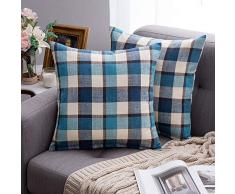 MIULEE Dekorativer Überwurf-Kissenbezug kariert Karomuster Baumwolle Leinen Rustikal Bauernhaus Quadratisch Kissenbezug für Bank Sofa Couch Auto Schlafzimmer 18x18 blau