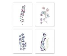 A LuxeHome Wandkunst Eukalyptus Aquarell Pun Prints Schilder Raumdekoration – für Esszimmer und Wohndeko – Eukalyptus Botanical (Set von 4 Stück), ungerahmt 20,3 x 25,4 cm, Violett Grün & Blau