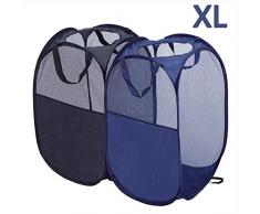 BENJUNC Pop-Up Wäschekorb, Faltbarer Netz-Wäschekorb (je mit 2 verstärkten Griffen), Wäschekorb, schwarz + blau, 2 Stück