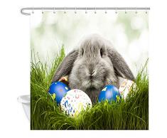 JAWO Happy Ostern Duschvorhang, Osterhase und Ostereier auf grünem Gras, Polyester-Stoff-Badevorhänge, Set mit Haken, 69 x 178 cm