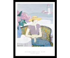 Buyartforless Work Gerahmtes Poster von George Xiong, 61 x 32 cm, abstrakte Figurative Frau sitzt am Tisch mit Teelichthaus im Hintergrund, Blau