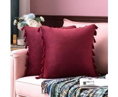 MIULEE Kissenhülle für Sofas, Bett, Samt, weich, dekorativ, mit Quasten, Fransen, Boho, 2 Stück 18x18 burgunderfarben