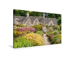 Premium Textil-Leinwand 90 x 60 cm Quer-Format Altes Landhaus mit üppigen Garten in Bibury | Wandbild, HD-Bild auf Keilrahmen, Fertigbild auf hochwertigem Vlies, Leinwanddruck von Christian Mueringer