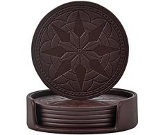 365park Untersetzer, PU-Leder Drink Untersetzer Set von 6 mit Halterung für Getränke Gläser, PU-Leder, Coffee/A, L