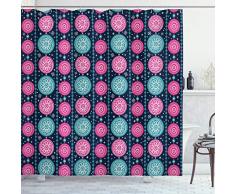 Ambesonne Xmas Duschvorhang Festliche Feier Muster mit vertikalen Borten Rosa Blau Blumen Kreise Stoff Badezimmer Decor Set mit Haken 17,78 cm dunkelblau Petrol rosa