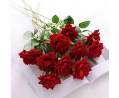 JUSTOYOU Künstliche Rosen Seidensamt Blüten Brautstrauß für Zuhause Hochzeit Dekoration, 10 Stück rot