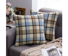 MIULEE Dekorativer Überwurf-Kissenbezug kariert Karomuster Baumwolle Leinen Rustikal Bauernhaus Quadratisch Kissenbezug für Bank Sofa Couch Auto Schlafzimmer 18x18 blau/Hellbraun